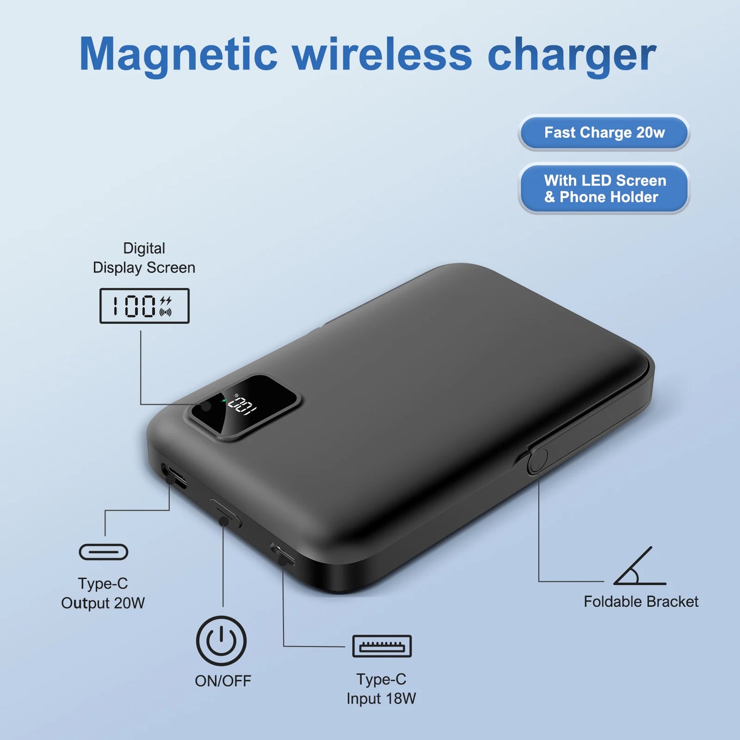 10000mAh Magnetic Wireless Power Bank Fast Charging Capacity Portable 15W LED Display Magsafe for IPhone 17 16 15 14 12 Pro Max