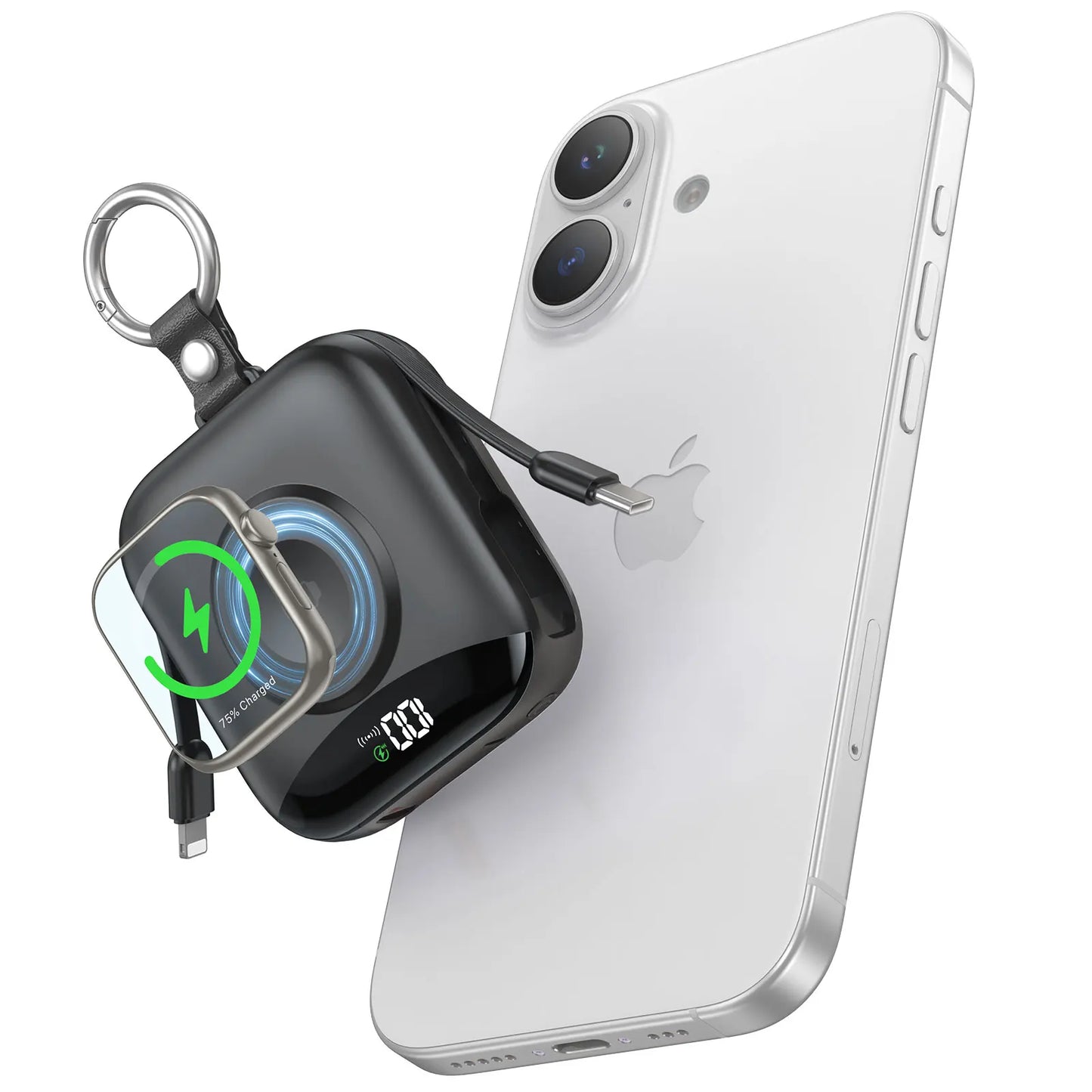 10000mAh Power Bank for Apple Watch Wireless Charger Built-in Lightning & Type-C Cables, LED Digital Display,Compact Keychain