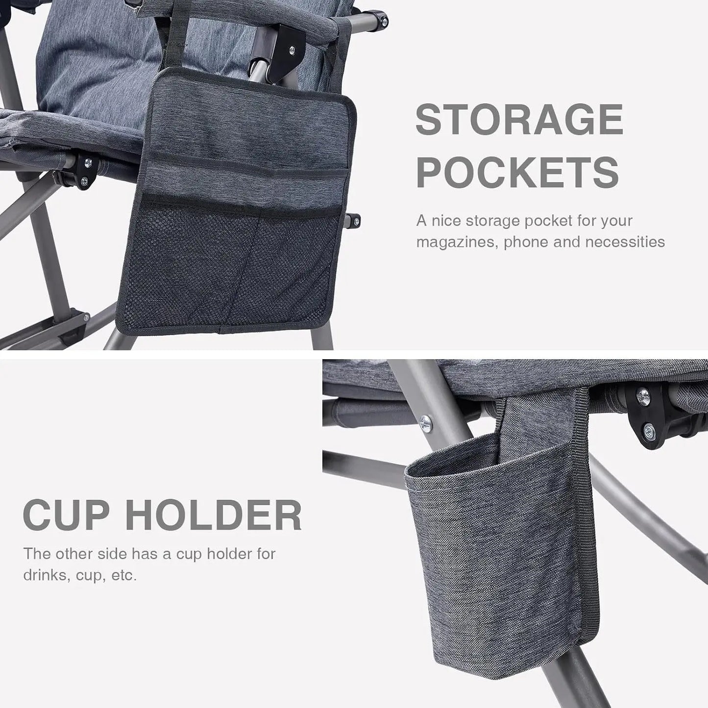 Gray Set of 2 Oversized Foldable Rocking Camping Chairs, Padded Portable Heavy Duty Hard Arm Rocker for Adults, 400LBS Weight Capacity for Patio Lawn Outdoor Use