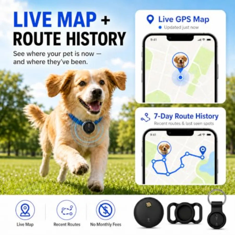 GPS Tracker for Dogs, No Monthly Fee Pet Location Tracker for Dogs and Cats, Real-Time Map, Safe Zone Alerts, Sound Ring, IP68