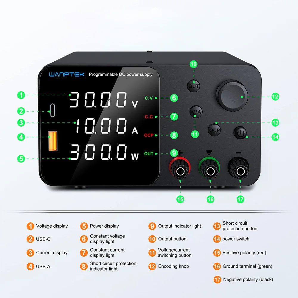 Wanptek Laboratory DC Power Supply 30V 10A 60V 5A 120V 3A with USB Fast Charging Adjustable Voltage Current Bench Power Supply