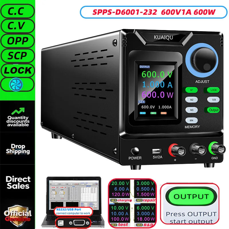 KUAIQU RS232/USB Programmable DC Power Supply Adjustable 1000V 400V 800V 600V1A 30V 10A 5A Memory Storage, Output, Software PC