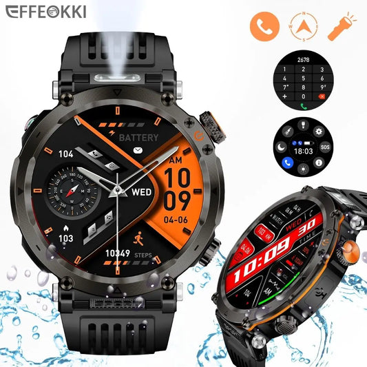 EFFEOKKI Outdoor Rugged Smart Watch Wireless Calling Fitness Tracker IP68 Waterproof with Flashlight Altitude Monitor Compass