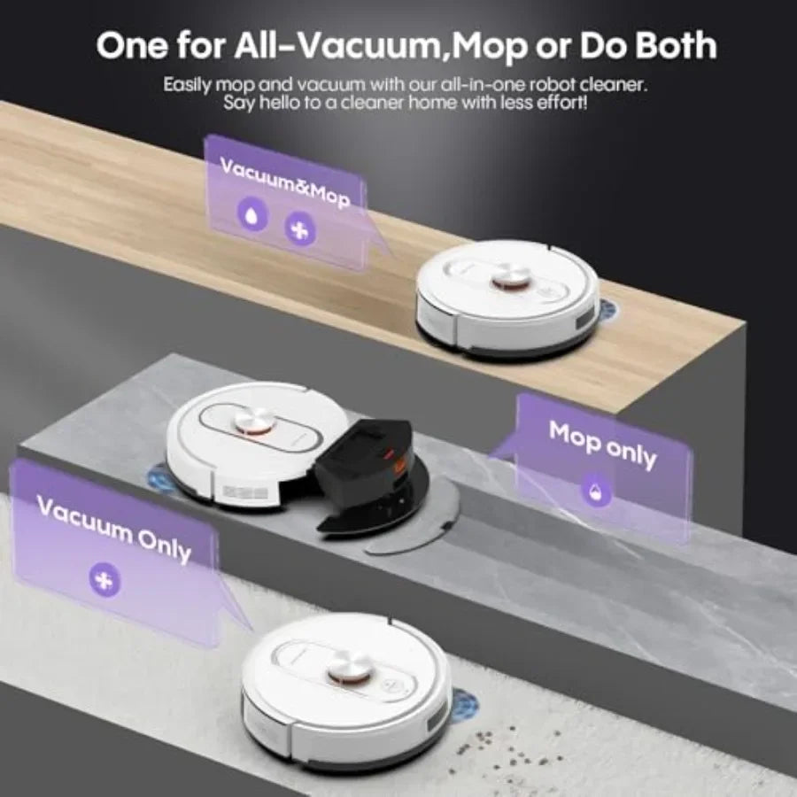 Robot Vacuum and Mop Combo for home use, ABS plastic body, black color, 6000Pa suction with LiDAR mapping and self-emptying sta