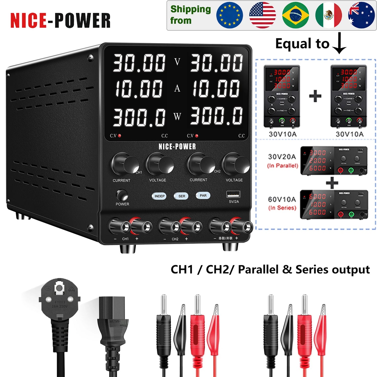 NICE-POWER SPS3010-2KD Lab Power Supply Adjustable 30V 10A  Dual Channel Power Source USB, Series, Parallel Output 120V3A 60V5A