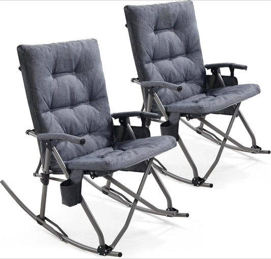 Gray Set of 2 Oversized Foldable Rocking Camping Chairs, Padded Portable Heavy Duty Hard Arm Rocker for Adults, 400LBS Weight Capacity for Patio Lawn Outdoor Use