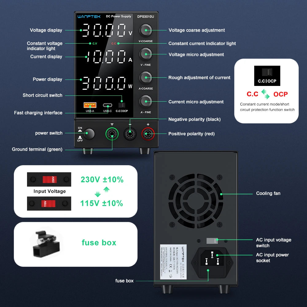 Wanptek Laboratory DC Power Supply 30V 10A 60V 5A 120V 3A with USB Fast Charging Adjustable Voltage Current Bench Power Supply