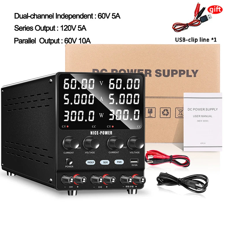 NICE-POWER SPS3010-2KD Lab Power Supply Adjustable 30V 10A  Dual Channel Power Source USB, Series, Parallel Output 120V3A 60V5A