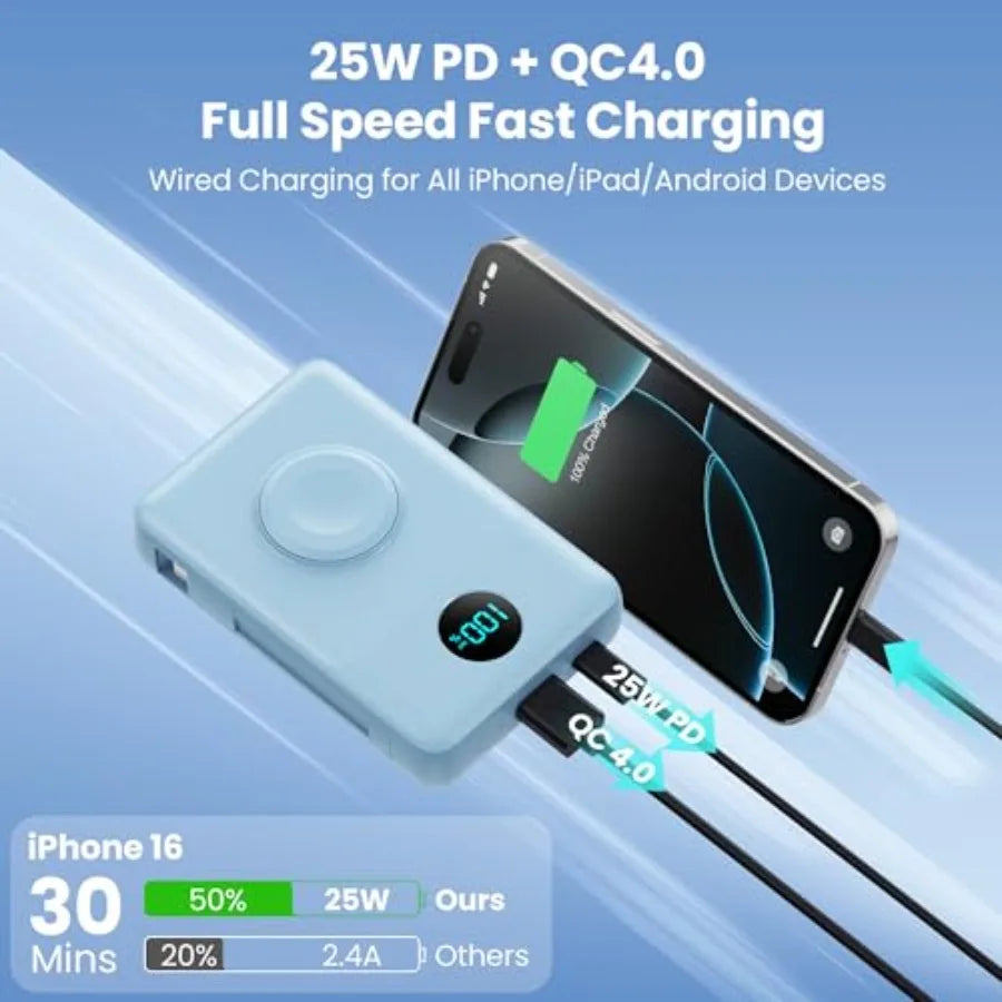 6 in 1 Magnetic Portable Charger for iPhone with Built-in Cables 25W PD Fast Charging Power Bank 6 Outputs LCD Display Travel E