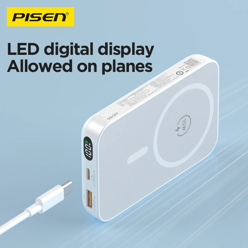 PISEN Wireless Power Bank Magnetic 10000mAh 20W Fast Charging AI Temperature Control LED Display For iPhone 16 15 14 13
