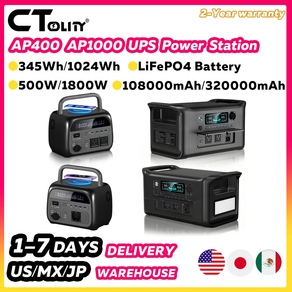 CTOLITY AP1000 1800W 1024WH Portable UPS Power Station LiFePO4 Battery AP400 500W 345WH Solar Generator Outdoor Power Supply
