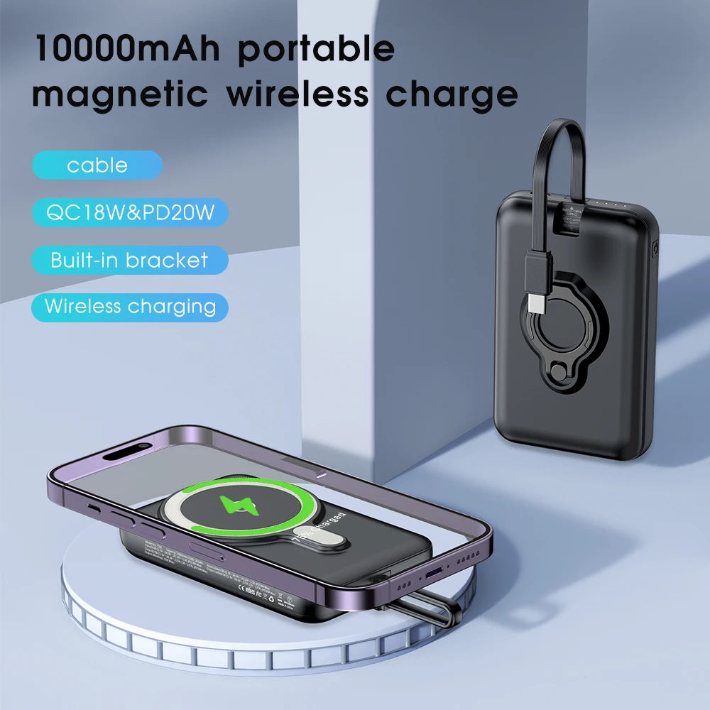 10000mAh MagSafe Power Bank for iPhone 16/15/14-Magnetic Wireless Charger with Built-in Fast Charge Cable &Adjustable Ring Stand