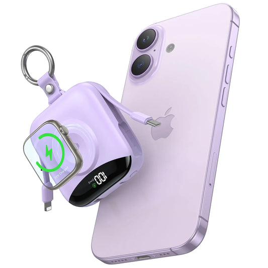 10000mAh Power Bank for Apple Watch Wireless Charger Built-in Lightning & Type-C Cables, LED Digital Display,Compact Keychain