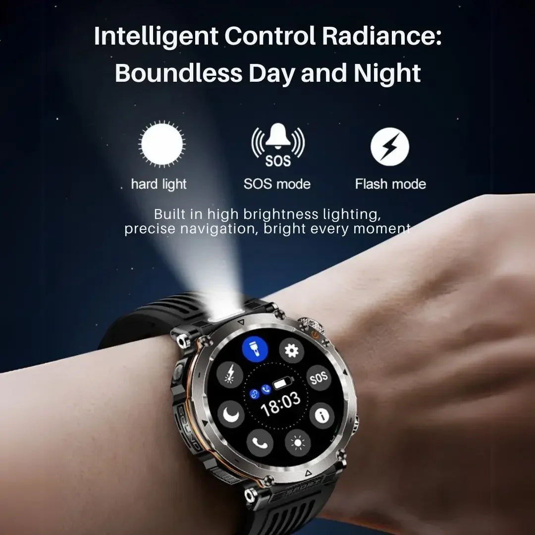 EFFEOKKI Outdoor Rugged Smart Watch Wireless Calling Fitness Tracker IP68 Waterproof with Flashlight Altitude Monitor Compass