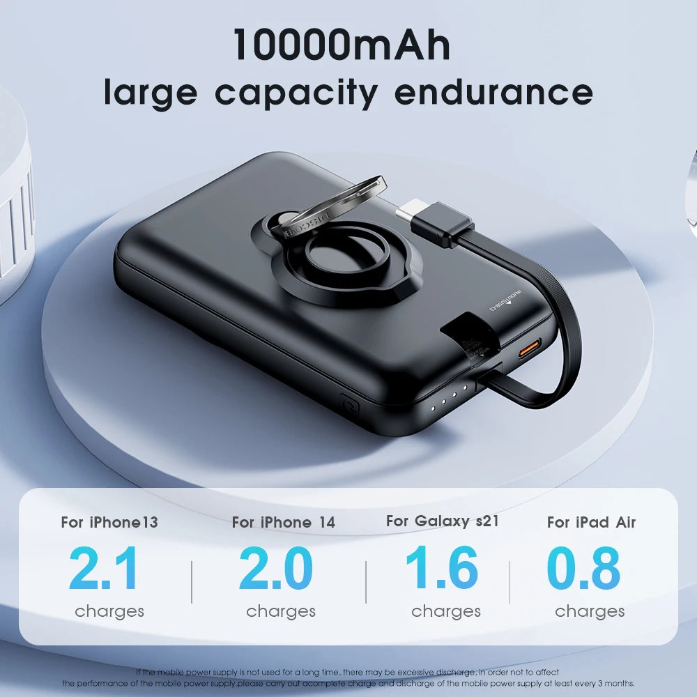 10000mAh MagSafe Power Bank for iPhone 16/15/14-Magnetic Wireless Charger with Built-in Fast Charge Cable &Adjustable Ring Stand