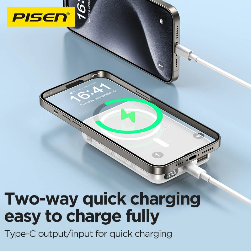 PISEN Wireless Power Bank Magnetic 10000mAh 20W Fast Charging AI Temperature Control LED Display For iPhone 16 15 14 13