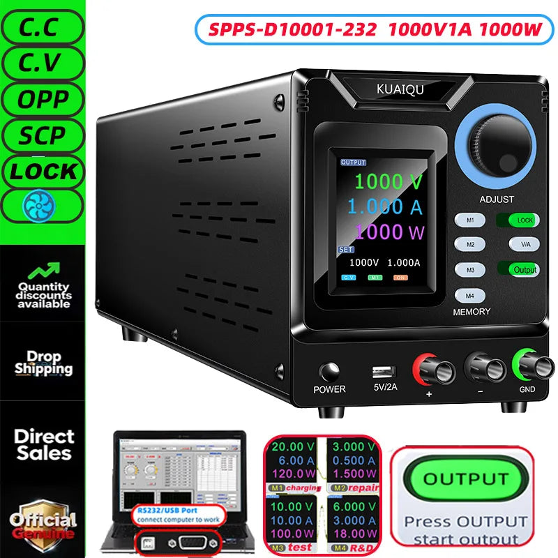 KUAIQU RS232/USB Programmable DC Power Supply Adjustable 1000V 400V 800V 600V1A 30V 10A 5A Memory Storage, Output, Software PC