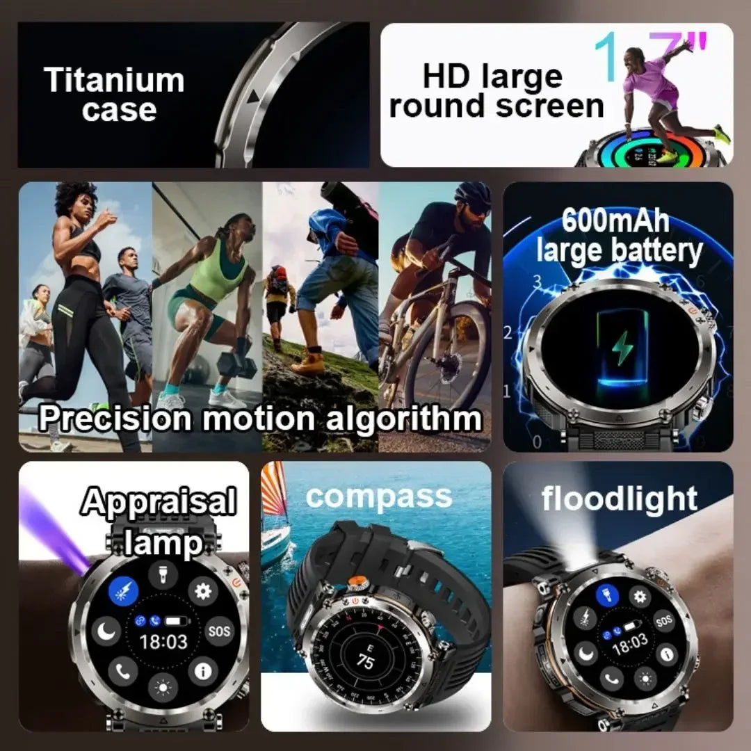 EFFEOKKI Outdoor Rugged Smart Watch Wireless Calling Fitness Tracker IP68 Waterproof with Flashlight Altitude Monitor Compass
