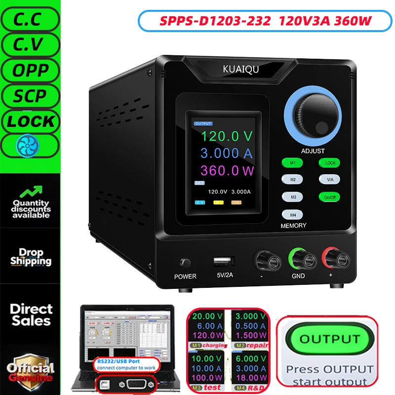 KUAIQU RS232/USB Programmable DC Power Supply Adjustable 1000V 400V 800V 600V1A 30V 10A 5A Memory Storage, Output, Software PC