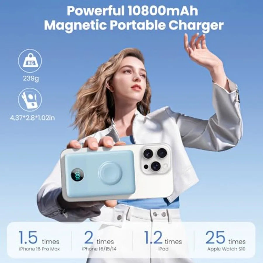 6 in 1 Magnetic Portable Charger for iPhone with Built-in Cables 25W PD Fast Charging Power Bank 6 Outputs LCD Display Travel E