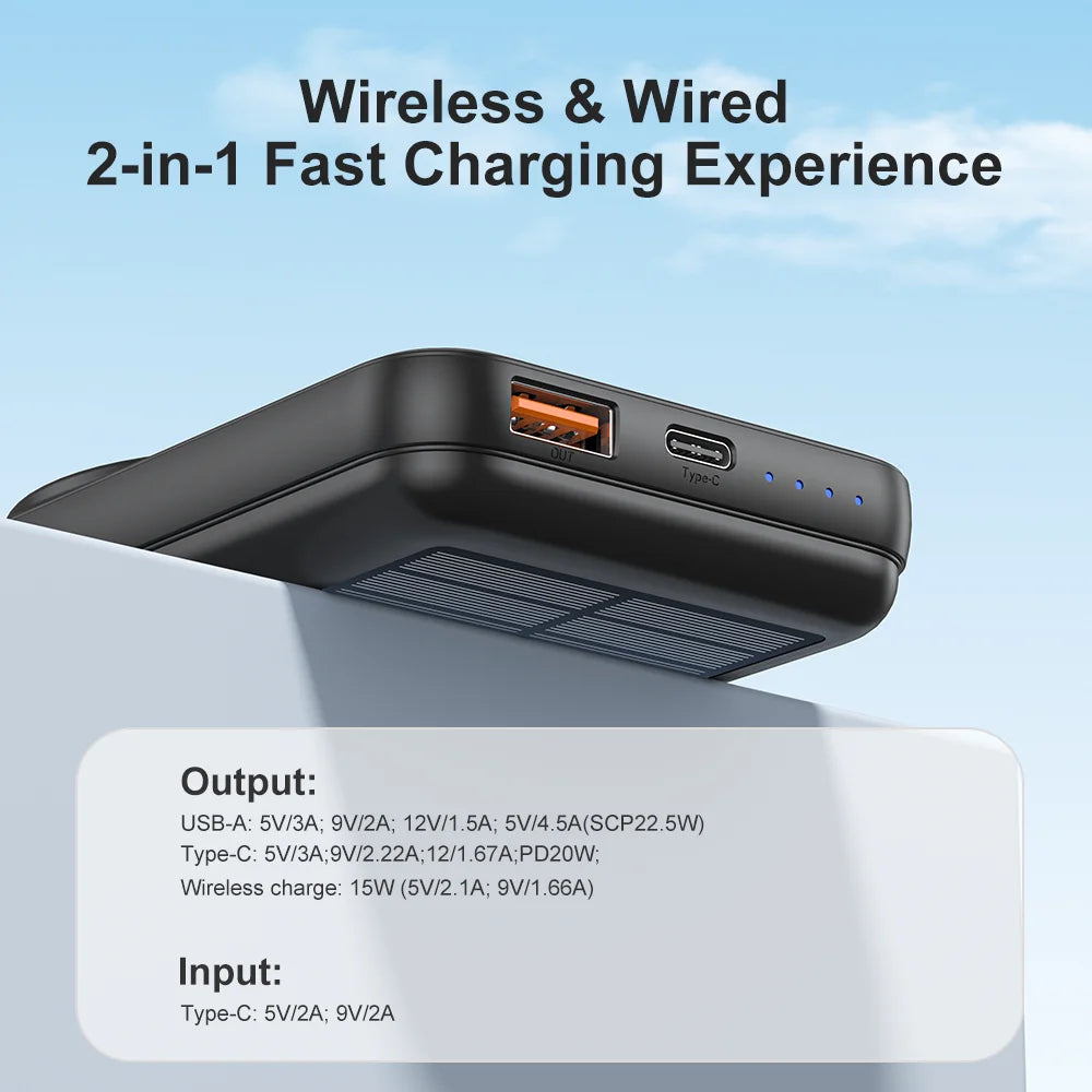 MagSafe Solar Power Bank 10000mAh-15W WirelessCharging & 20W PD Fast Charge | Portable Solar Charger for iPhone 16/15/14/13/12