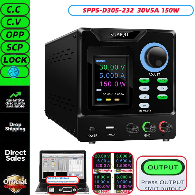 KUAIQU RS232/USB Programmable DC Power Supply Adjustable 1000V 400V 800V 600V1A 30V 10A 5A Memory Storage, Output, Software PC