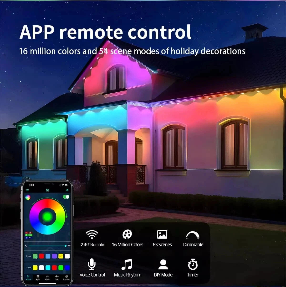 Smart Eaves RGBIC Light String 30M 60LEDs Outdoor Lighting Lights Music Timer IP67 Waterproof String Halloween Christmas Decor