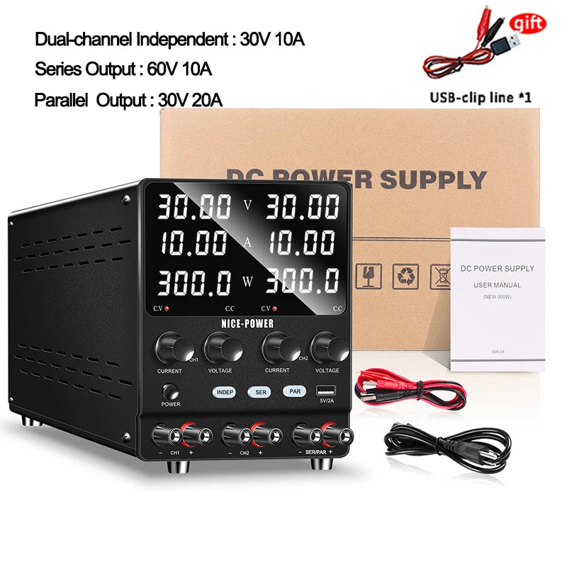 NICE-POWER SPS3010-2KD Lab Power Supply Adjustable 30V 10A  Dual Channel Power Source USB, Series, Parallel Output 120V3A 60V5A