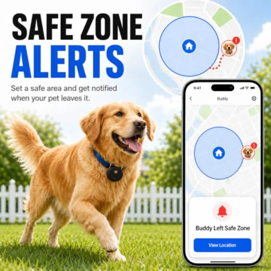 GPS Tracker for Dogs, No Monthly Fee Pet Location Tracker for Dogs and Cats, Real-Time Map, Safe Zone Alerts, Sound Ring, IP68