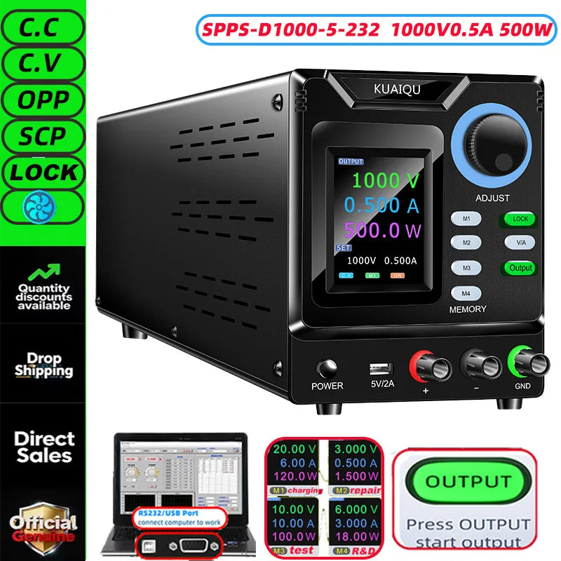 KUAIQU RS232/USB Programmable DC Power Supply Adjustable 1000V 400V 800V 600V1A 30V 10A 5A Memory Storage, Output, Software PC