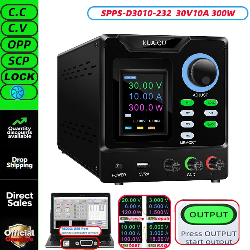 KUAIQU RS232/USB Programmable DC Power Supply Adjustable 1000V 400V 800V 600V1A 30V 10A 5A Memory Storage, Output, Software PC