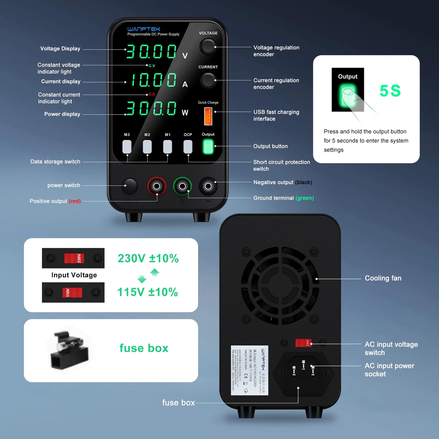 Wanptek Laboratory DC Power Supply 30V 10A 60V 5A 120V 3A with USB Fast Charging Adjustable Voltage Current Bench Power Supply