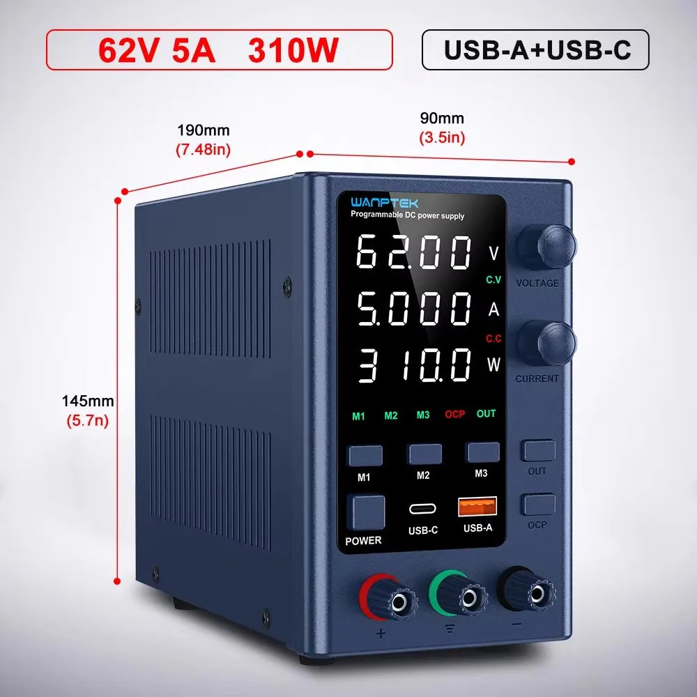 Wanptek Laboratory DC Power Supply 30V 10A 60V 5A 120V 3A with USB Fast Charging Adjustable Voltage Current Bench Power Supply