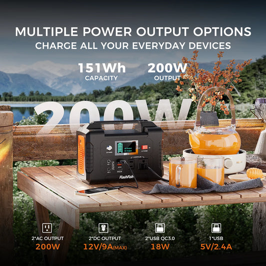 200W Portable Power Station 151Wh - Pure Sine Wave for Camping/Emergency/Home, AC/DC/USB QC3.0 Charging