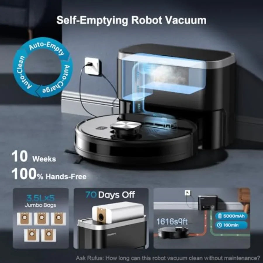 Robot Vacuum and Mop for Pet Hair, Carpet Hard Floor, 11500 Pa Suction, Smart LiDAR Navigation, 90-Day Self-Emptying, 160 Min R