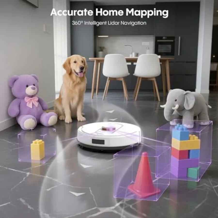 Robot Vacuum and Mop Combo for home use, ABS plastic body, black color, 6000Pa suction with LiDAR mapping and self-emptying sta