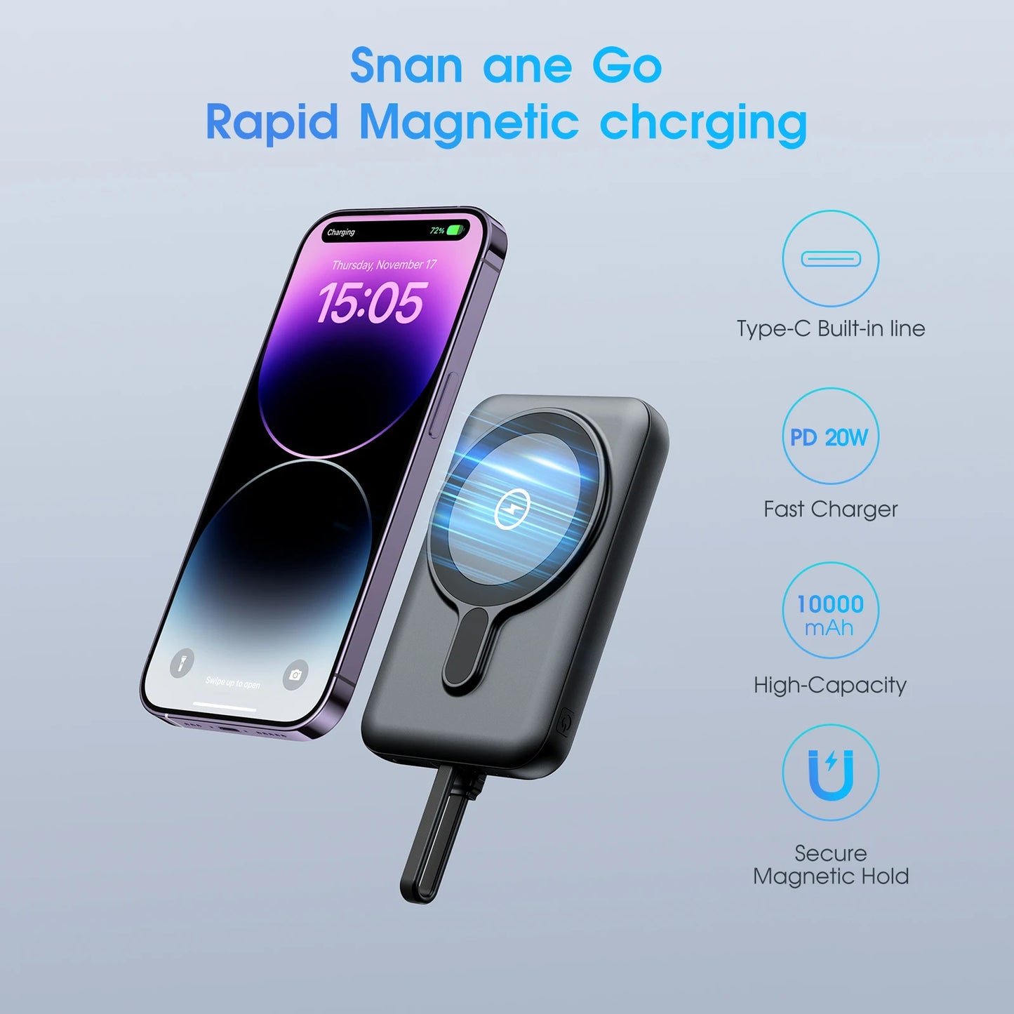10000mAh MagSafe Power Bank for iPhone 16/15/14-Magnetic Wireless Charger with Built-in Fast Charge Cable &Adjustable Ring Stand