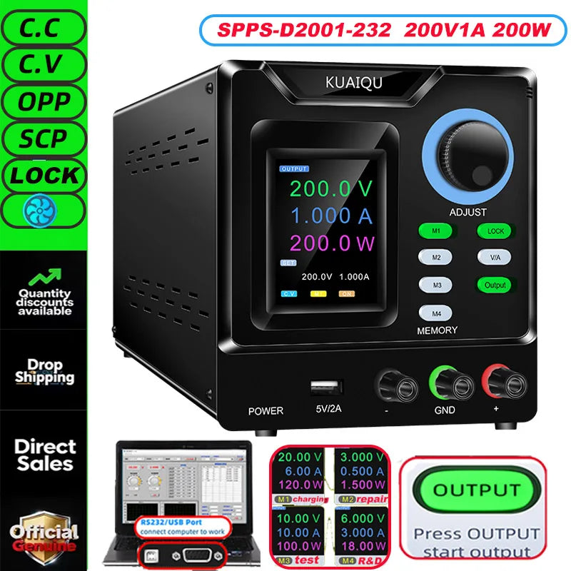 KUAIQU RS232/USB Programmable DC Power Supply Adjustable 1000V 400V 800V 600V1A 30V 10A 5A Memory Storage, Output, Software PC