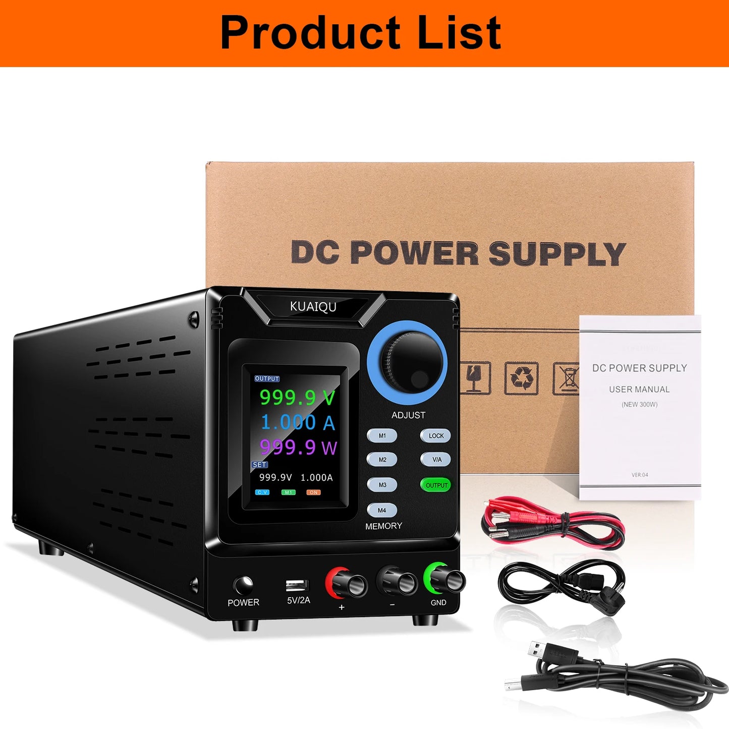 KUAIQU RS232/USB Programmable DC Power Supply Adjustable 1000V 400V 800V 600V1A 30V 10A 5A Memory Storage, Output, Software PC