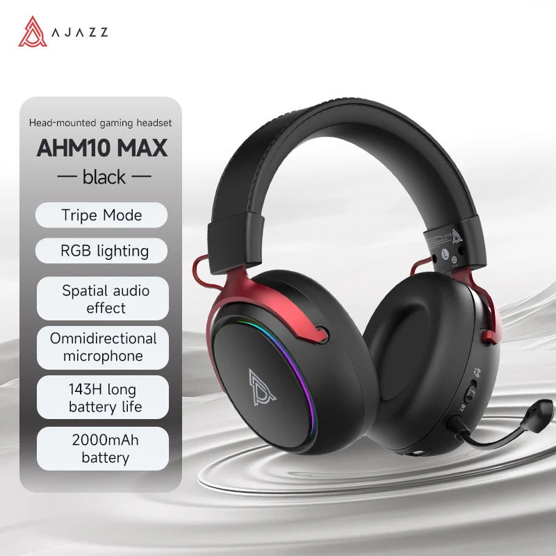 AJAZZ AHM10 MAX 2000mAh battery Wireless Bluetooth Gaming Headset Features a microphone, multiple RGB dynamic lighting effects, AI noise cancellation, virtual 7.1 surround sound, and driver support.