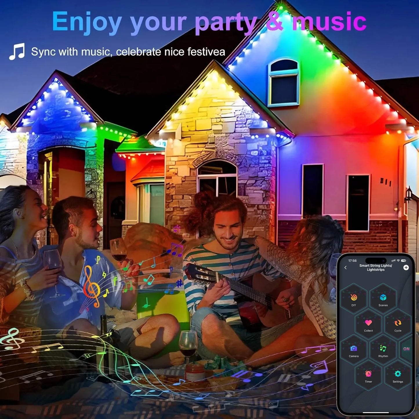 150FT 90 LED APP Control Permanent Outdoor Eaves Lights Smart RGBIC DIY LED String Lights Full House Christmas Lighting Decor