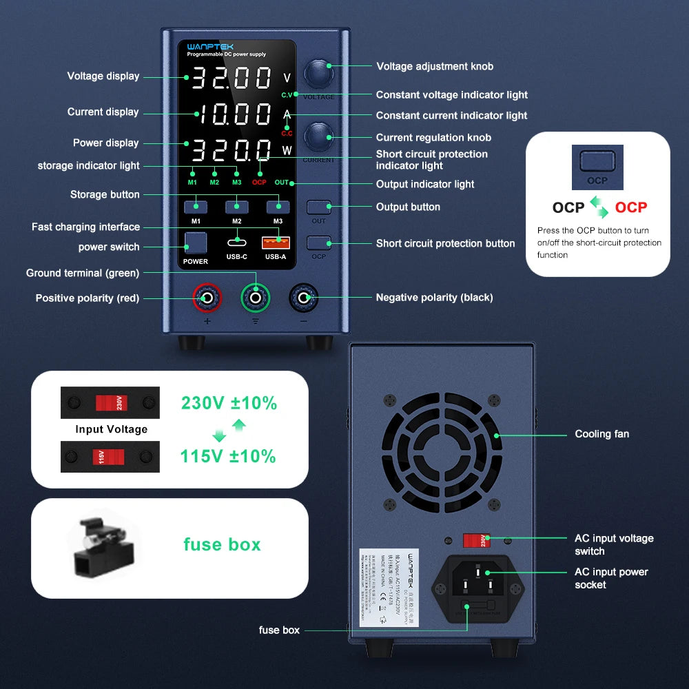 Wanptek Laboratory DC Power Supply 30V 10A 60V 5A 120V 3A with USB Fast Charging Adjustable Voltage Current Bench Power Supply