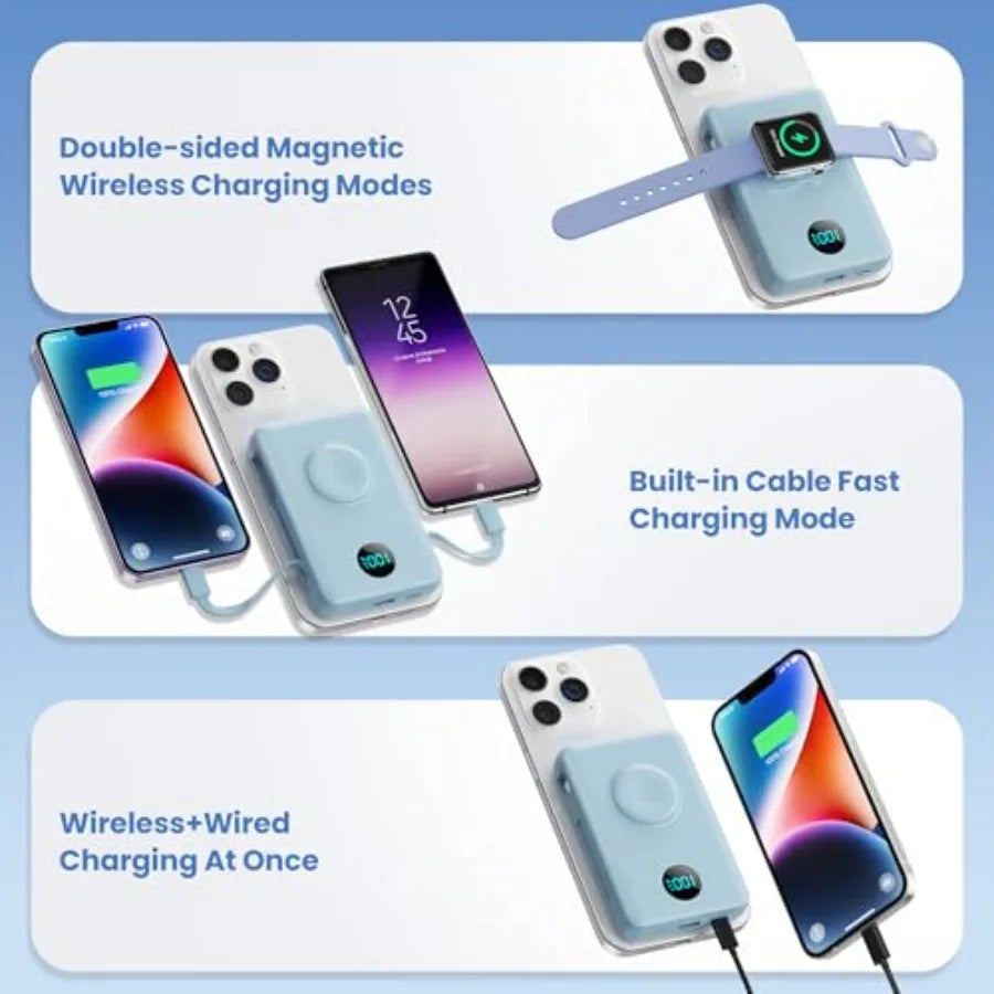 6 in 1 Magnetic Portable Charger for iPhone with Built-in Cables 25W PD Fast Charging Power Bank 6 Outputs LCD Display Travel E