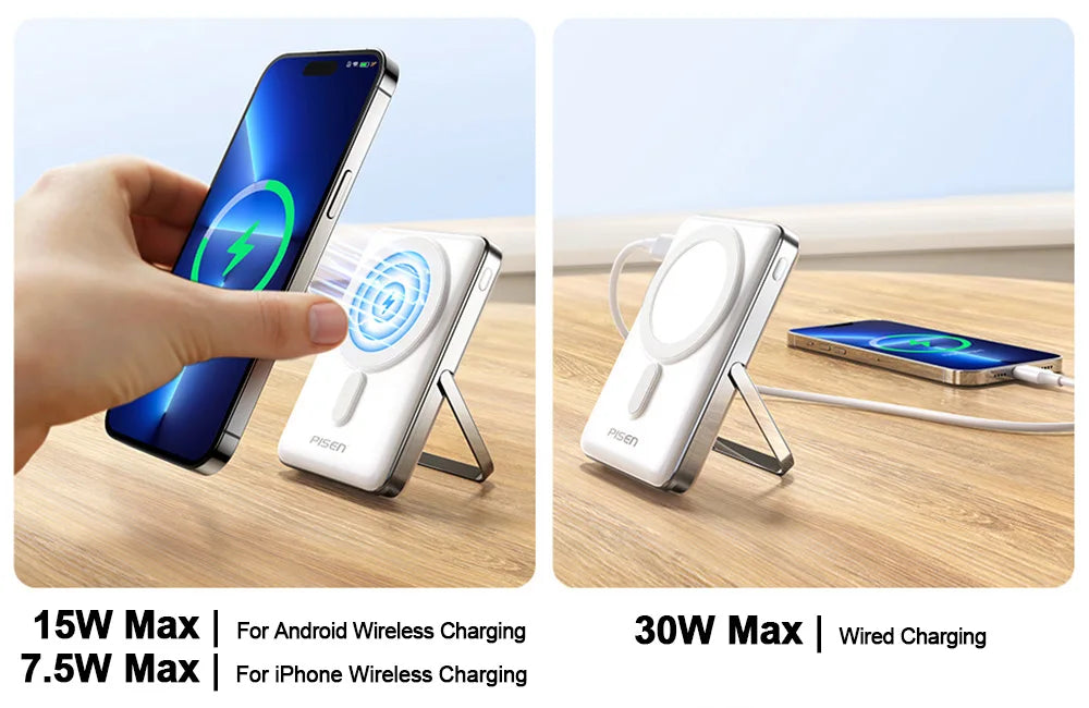 PISEN Magnetic Wireless Power Bank with Built in Stand MagSafe Compatible 30W USB C Fast Charging  for iPhone Samsung Huawei