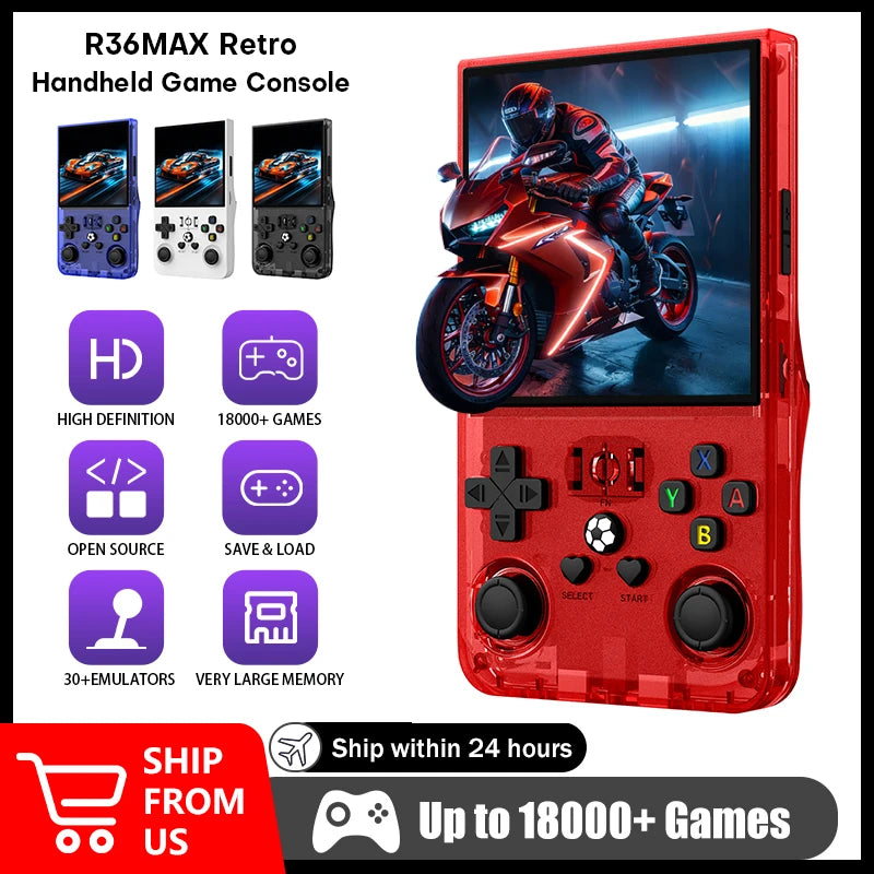 Ship From US R36MAX Handheld Game Console 4‘’HD Screen 64/128G Retro Game Console Portable Pocket Game Player