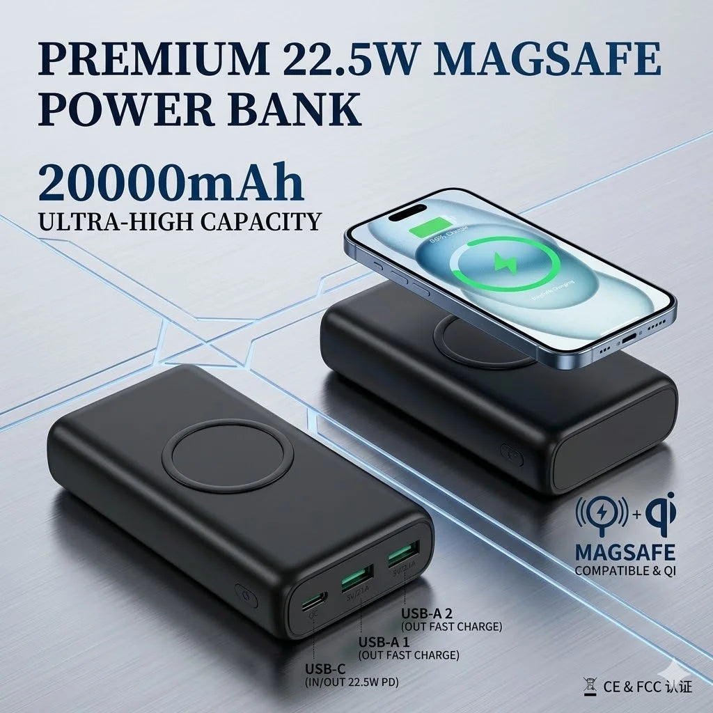 Wireless Portable Charger 20000mAh PD 22.5W Quick Charge USB C External Battery Pack 5 Ports Fast Charging Power Bank Backup Power For iPhone 16 15 14 Pro Max Samsung Galaxy S25 S24 Ultra iPad Tablet Cell Phone