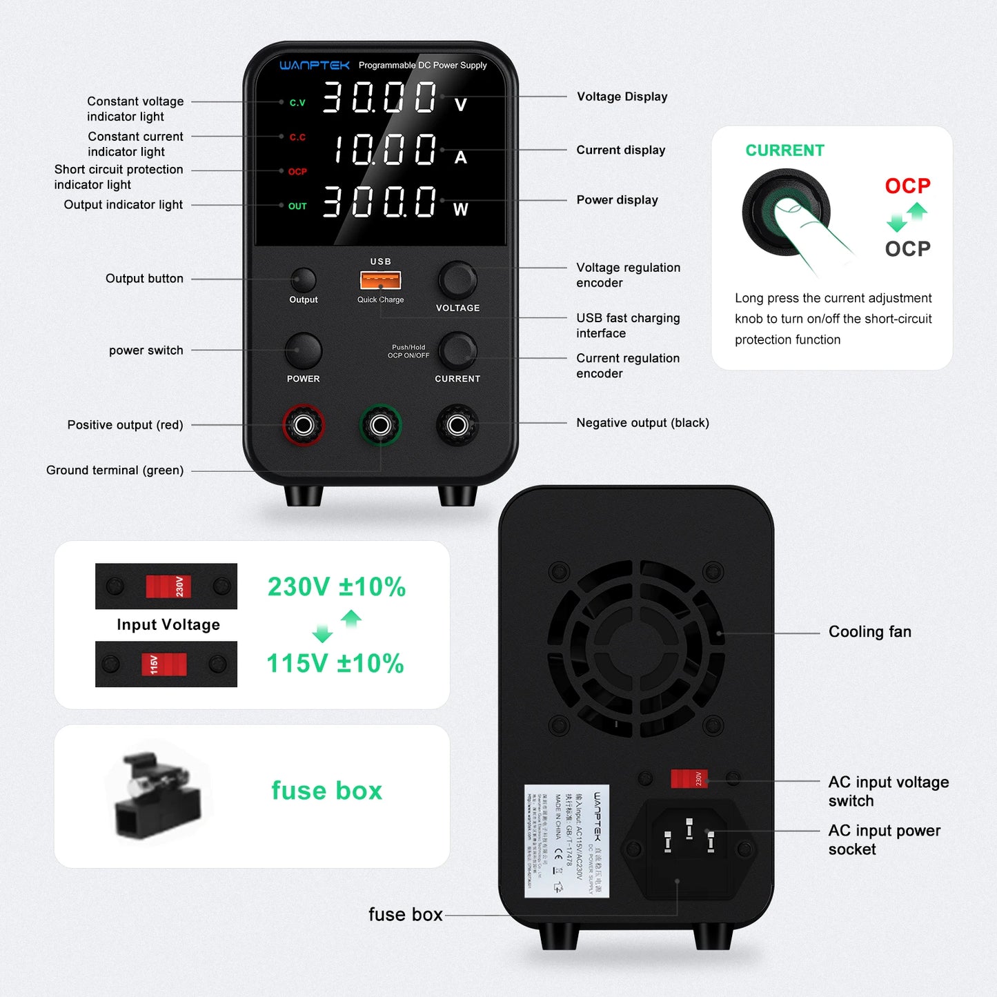 Wanptek Laboratory DC Power Supply 30V 10A 60V 5A 120V 3A with USB Fast Charging Adjustable Voltage Current Bench Power Supply