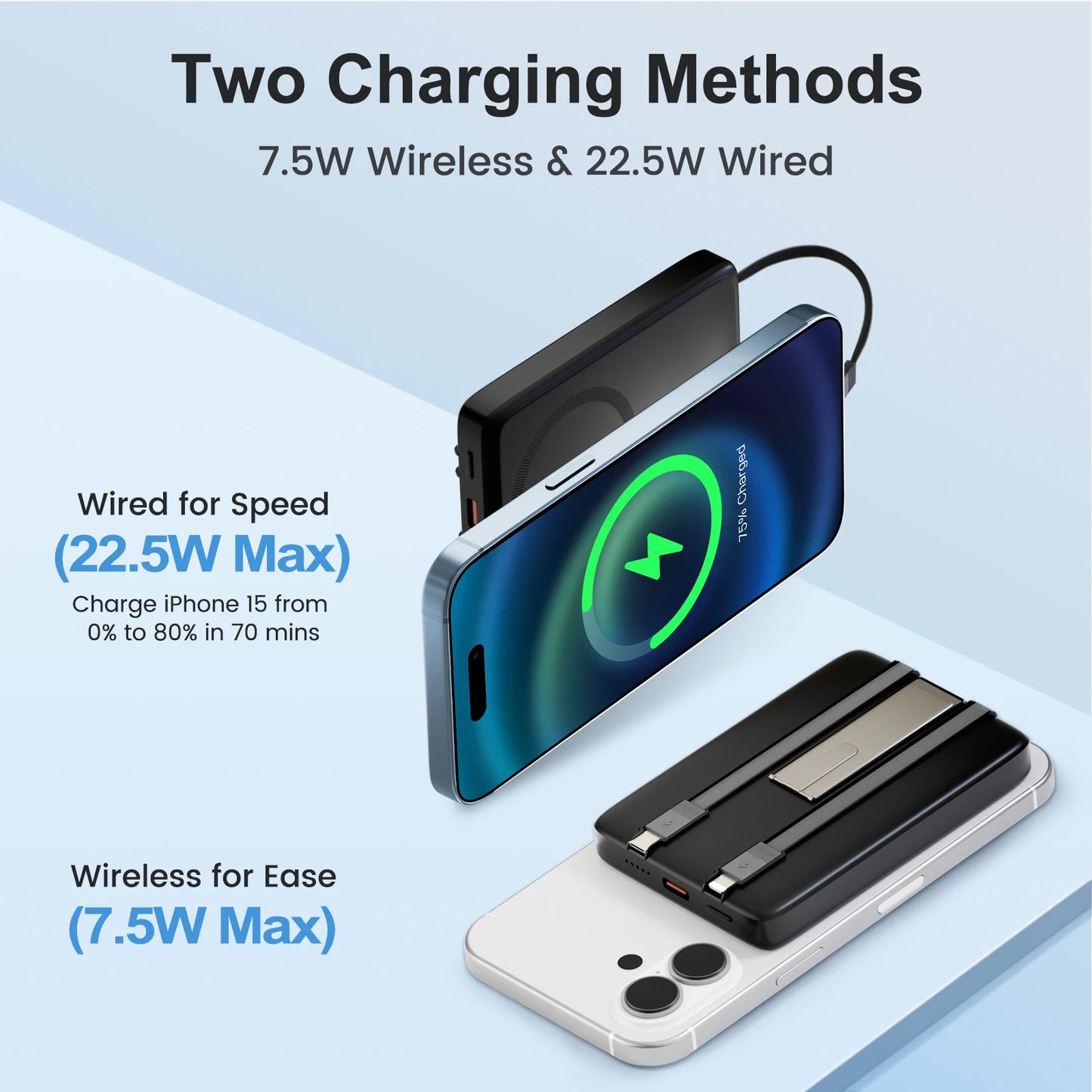10000mAh Wireless Magnetic Power Bank 2-in-1 Fast Charging PD 22.5W Portable External Battery for For iPhone Samsung iWatch