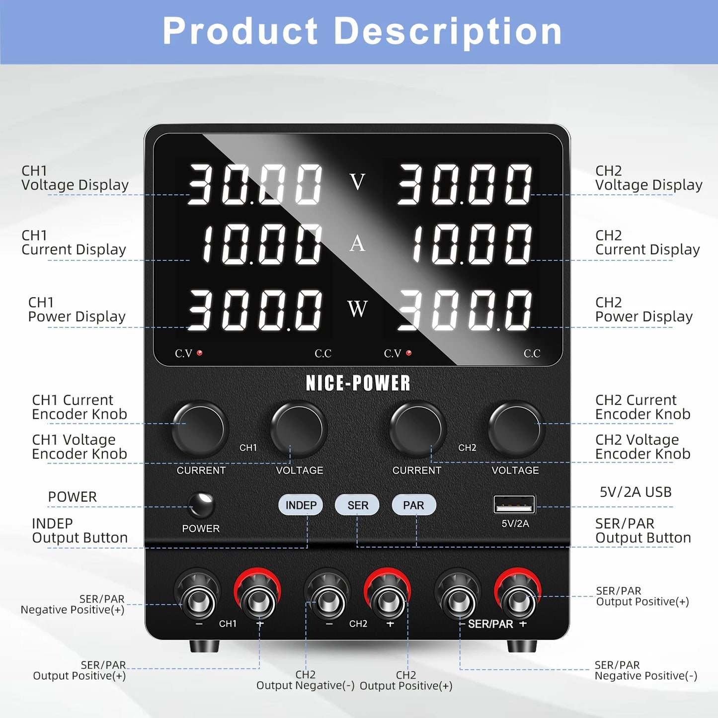 NICE-POWER SPS3010-2KD Lab Power Supply Adjustable 30V 10A  Dual Channel Power Source USB, Series, Parallel Output 120V3A 60V5A