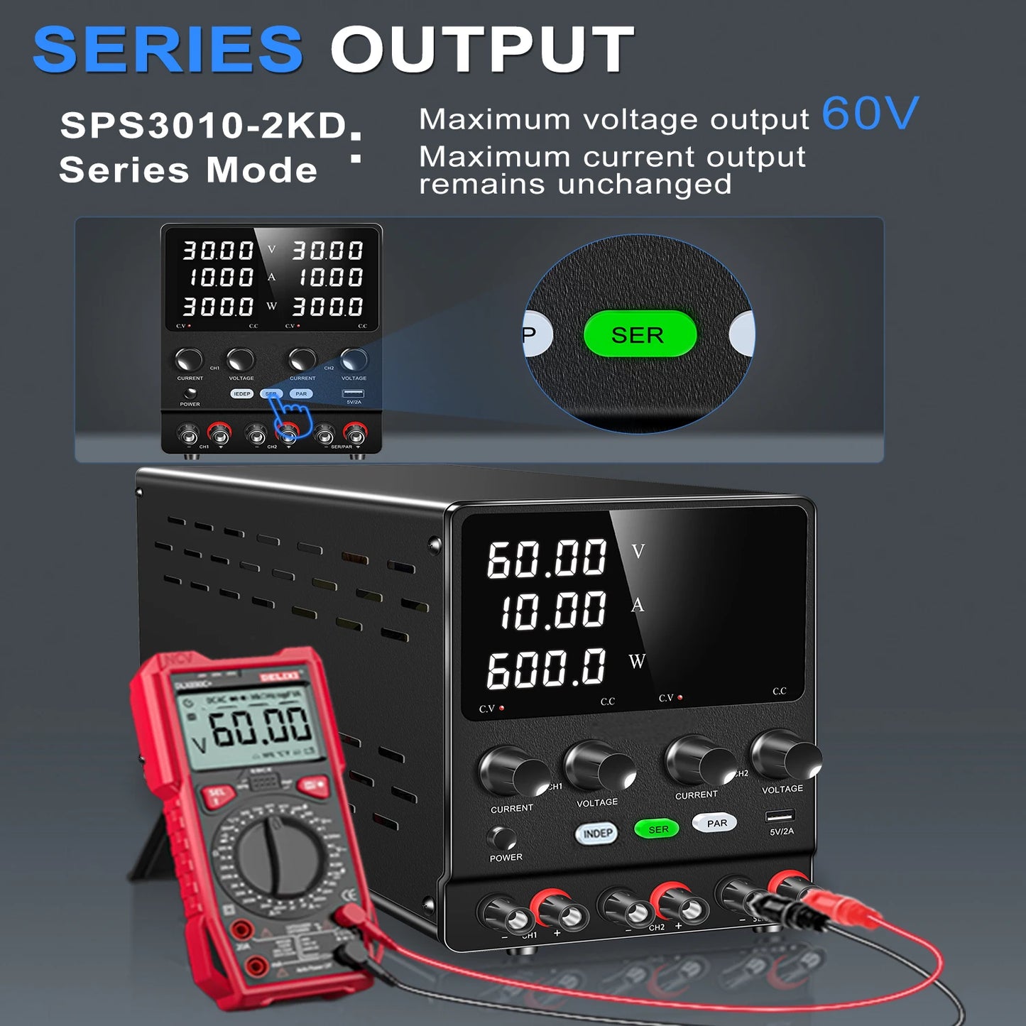 NICE-POWER SPS3010-2KD Lab Power Supply Adjustable 30V 10A  Dual Channel Power Source USB, Series, Parallel Output 120V3A 60V5A
